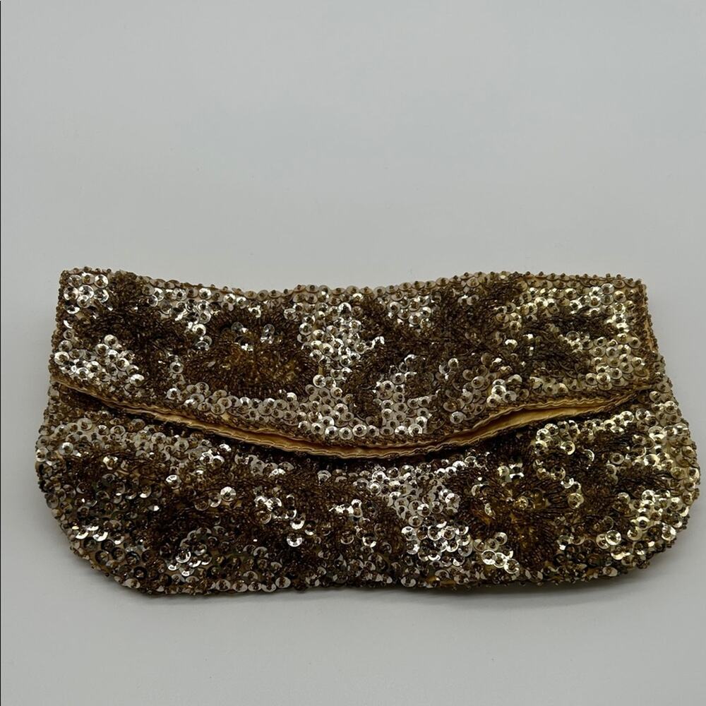 Vintage Glamorous Gold Sequin Fold Over Clutch Purse Glam Party Event Wedding